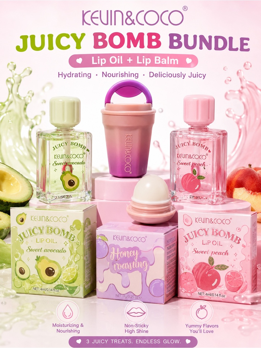 KEVIN&COCO Juicy Bomb Lip Oil & Balm Bundle - Pink & Green